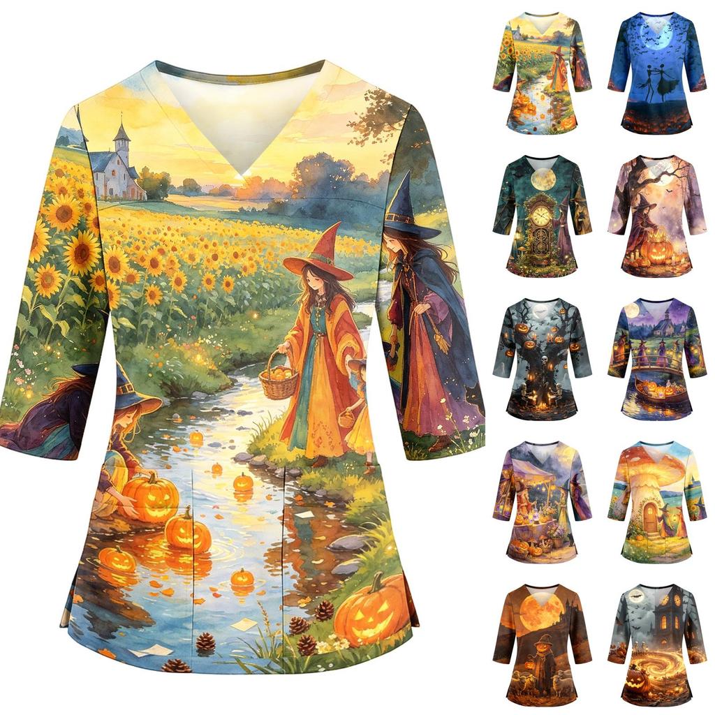 Women's V-Neck Costume with Pockets Halloween Print Side Slit 3/4 Sleeve Top for Cosplay Party