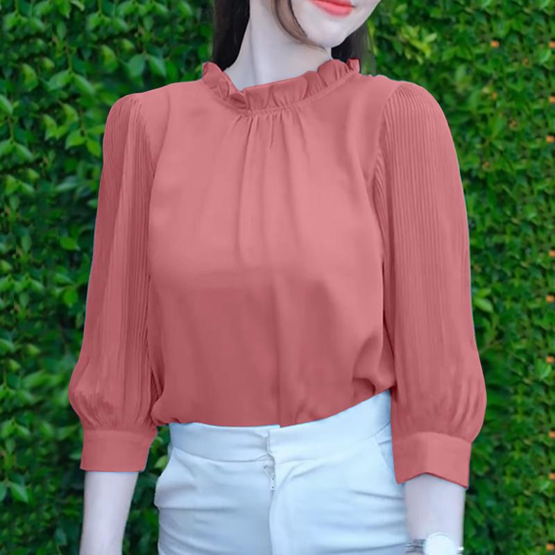 ZANZEA Women Casual Round Neck Solid Color 3/4 Sleeve Loose Blouse
