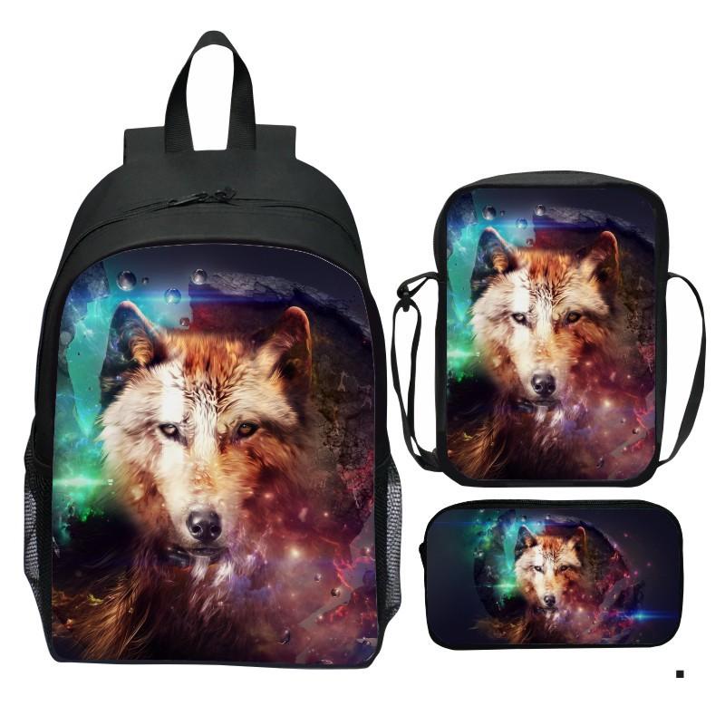 Bedruckter Universum Sternenhimmel Rucksack 3-teiliges Set Tier Wolf Löwe Rucksack Kleine Umhängetasche Federmäppchen