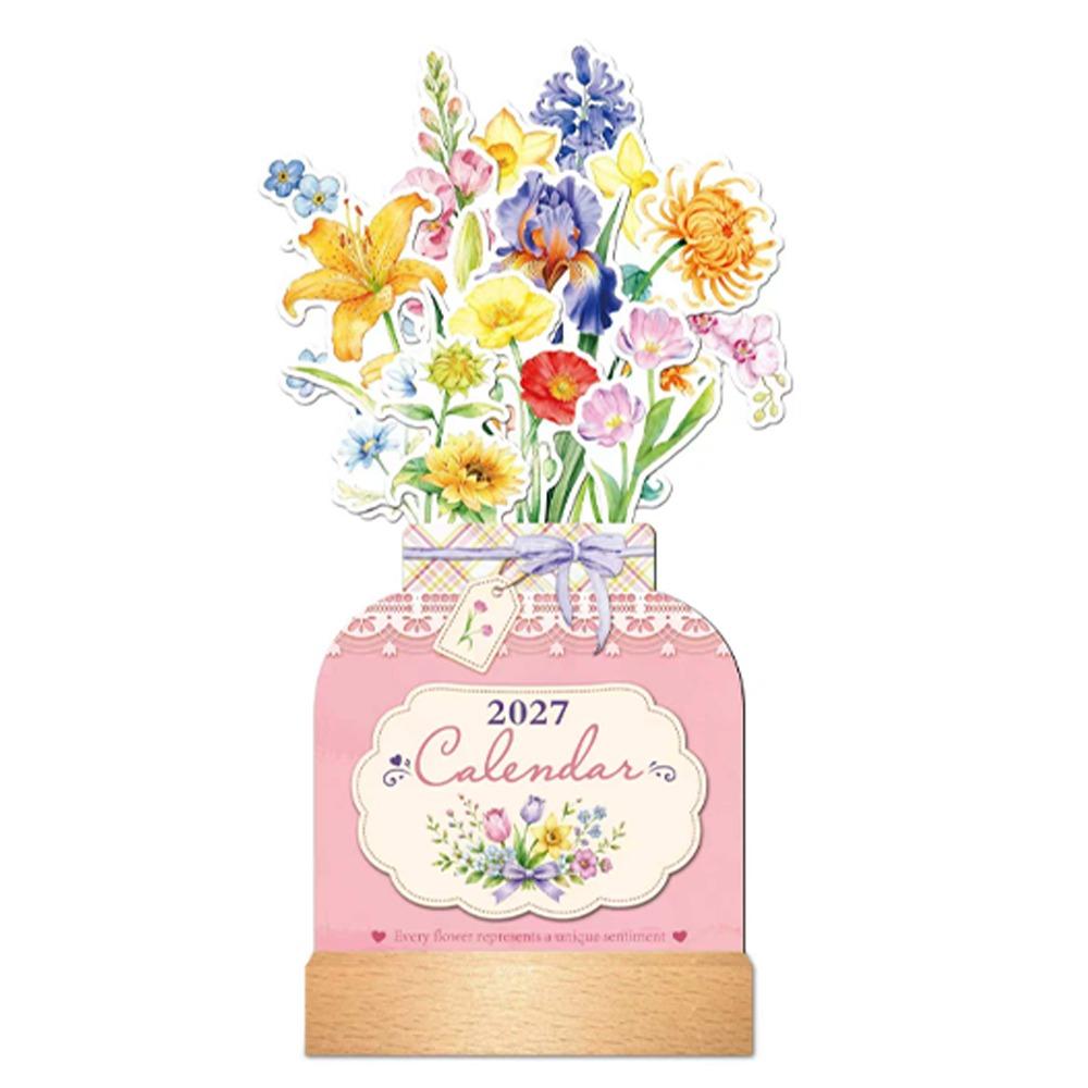 Wooden Base 2027 Desktop Calendar Floral Floral Desk Calendar for Table Desk Decor