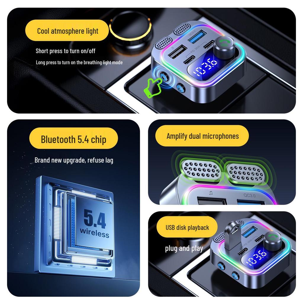 T37 Bluetooth FM Transmitter & Car MP3 Player with Dual Type-C Ports and PD36W Fast Charging