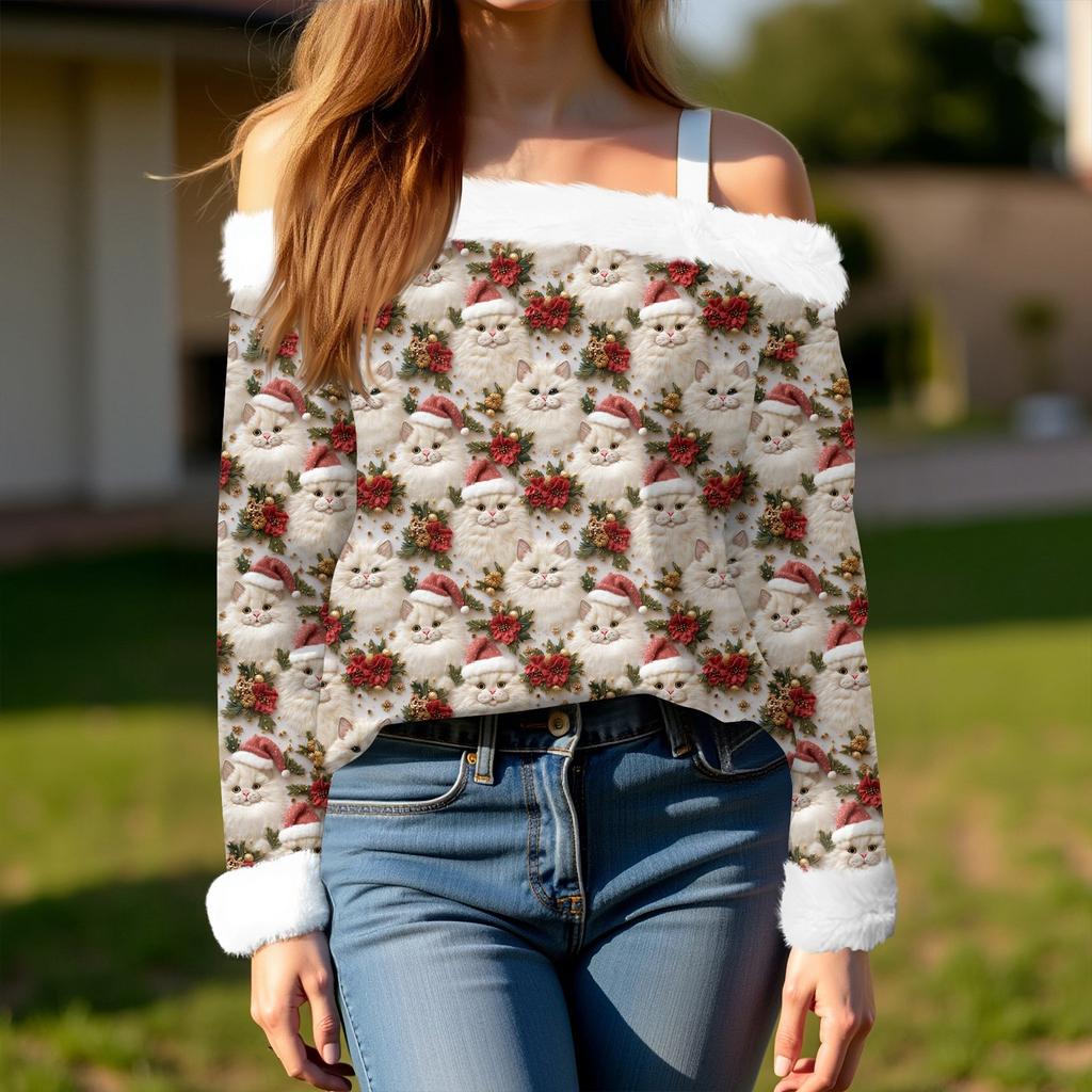 Women's Off-the-shoulder Plush Neck Printed Long-sleeved Pullover T-shirt Top