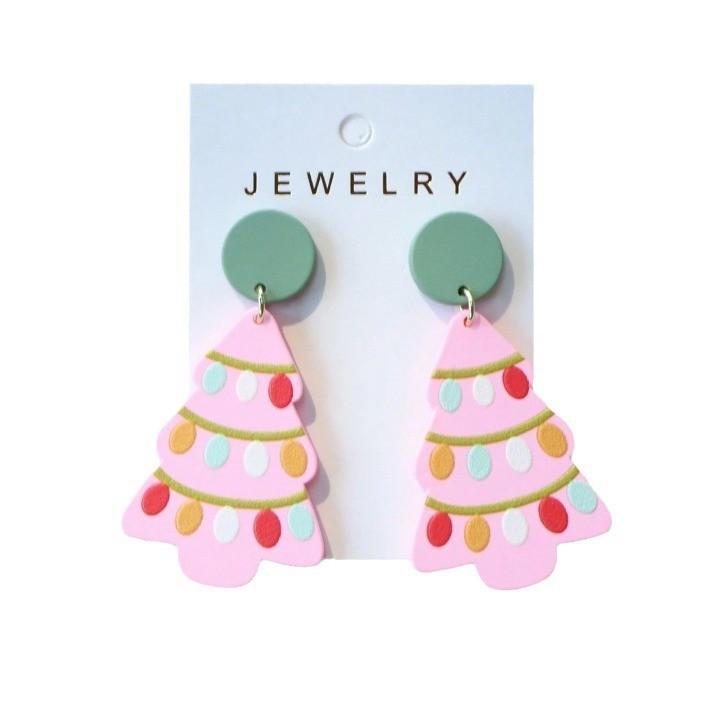 Floral Delightful Geometric Pink Christmas Tree Ear Studs For Celebrations Joyful