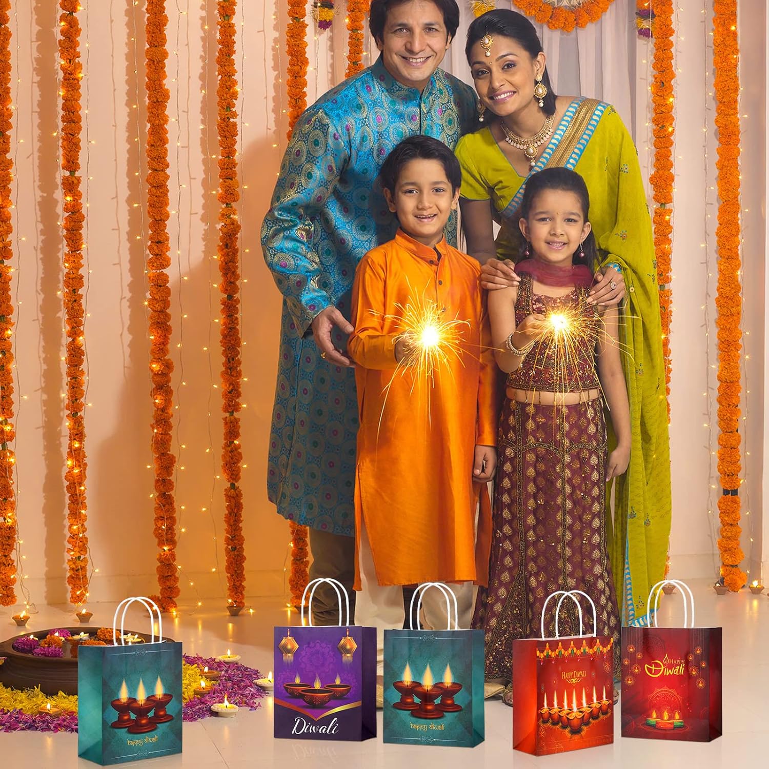 Set of 16 Diwali Gift Bags - Diwali Theme Party Packs with Treat Snacks & Candy Bags - Festival of Lights Birthday Gift Packs & Party Favors