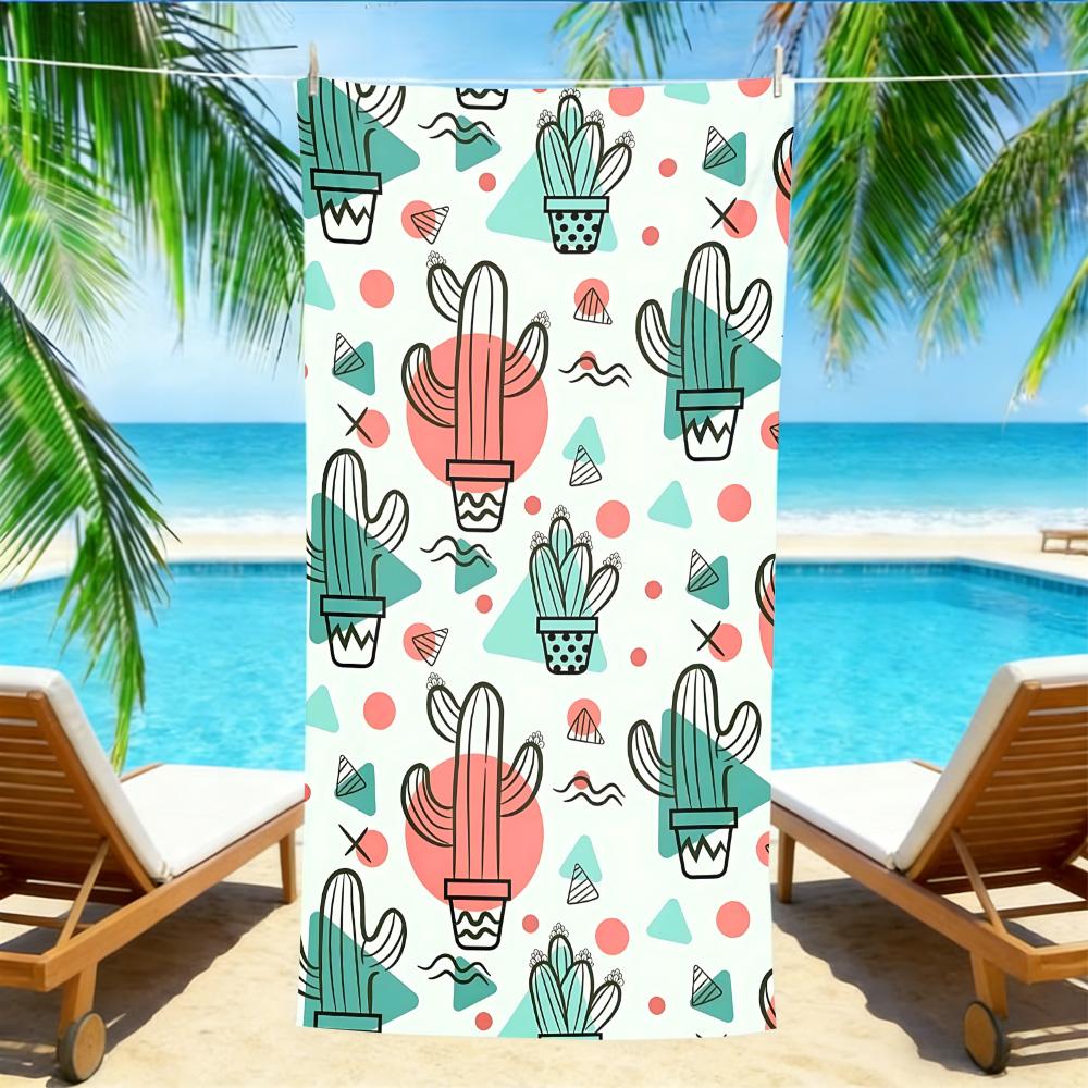 

Line Art Cactus Beach Towel – Oversized Quick Dry Sand Free with Teal & Coral Geometric Print W30*H60(CM)
