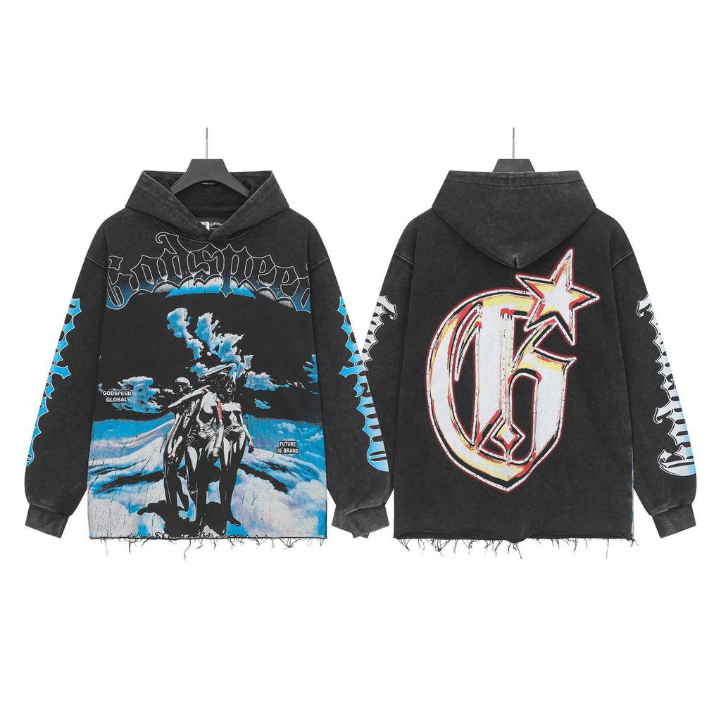 God Bless America Retro Rock Street Print Washed Hoodie - Casual Loose Fit