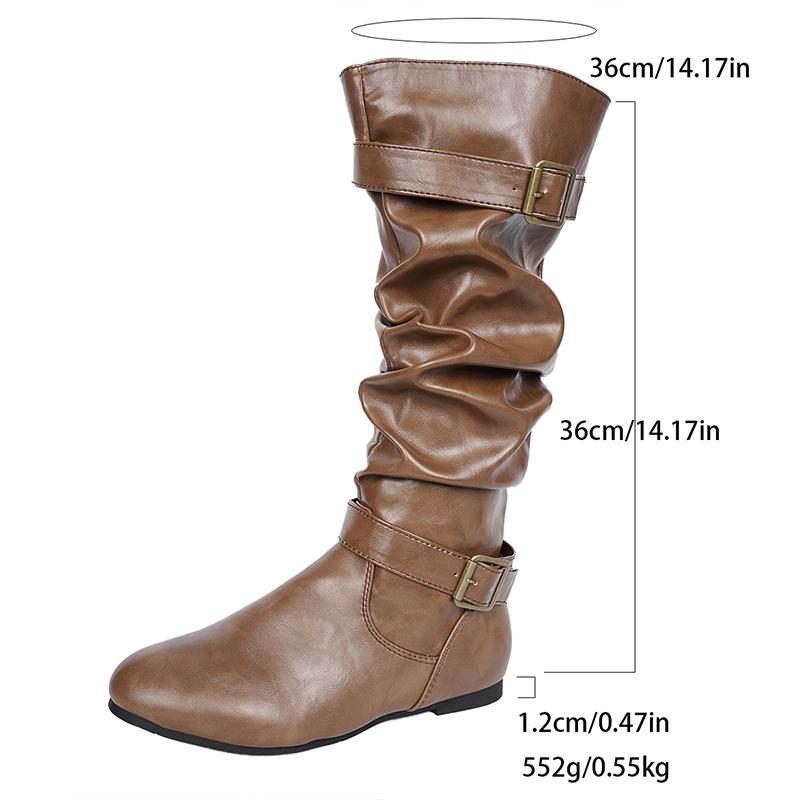 

Модные плиссированные ботфорты до колена на плоской подошве Женские ретро коричневые из искусственной ПУ кожи Вестерн ботинки Женские с ремешком с пряжкой Декор Молния Длинные боты Mujer 43 коричневый