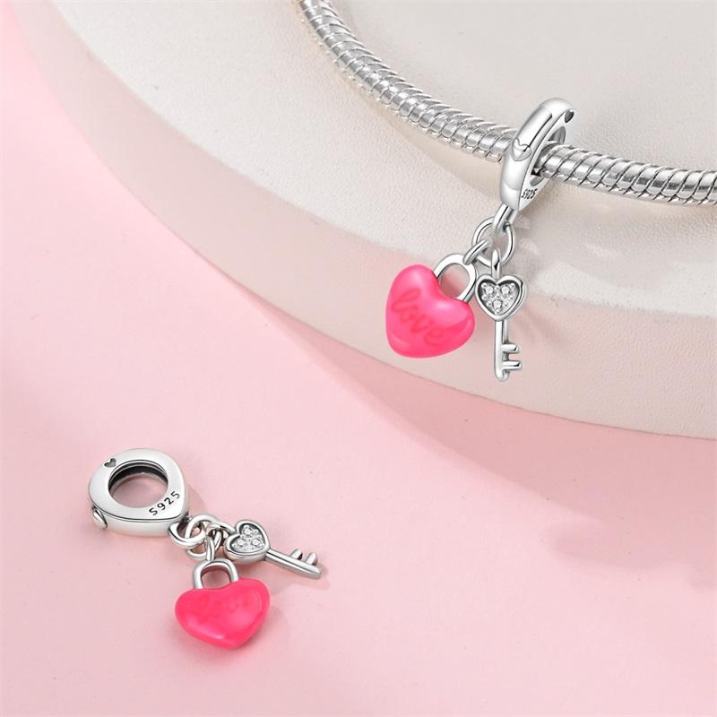 Original Copper Charms Luxury Pink Heart Key Pendant Beads Fit Bracelet Diy Women Making Delicate Gift