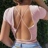 Open Back Crop Tops Summer Women Bandage Lace-up Backless Solid Pullover T Shirt Slim Tee