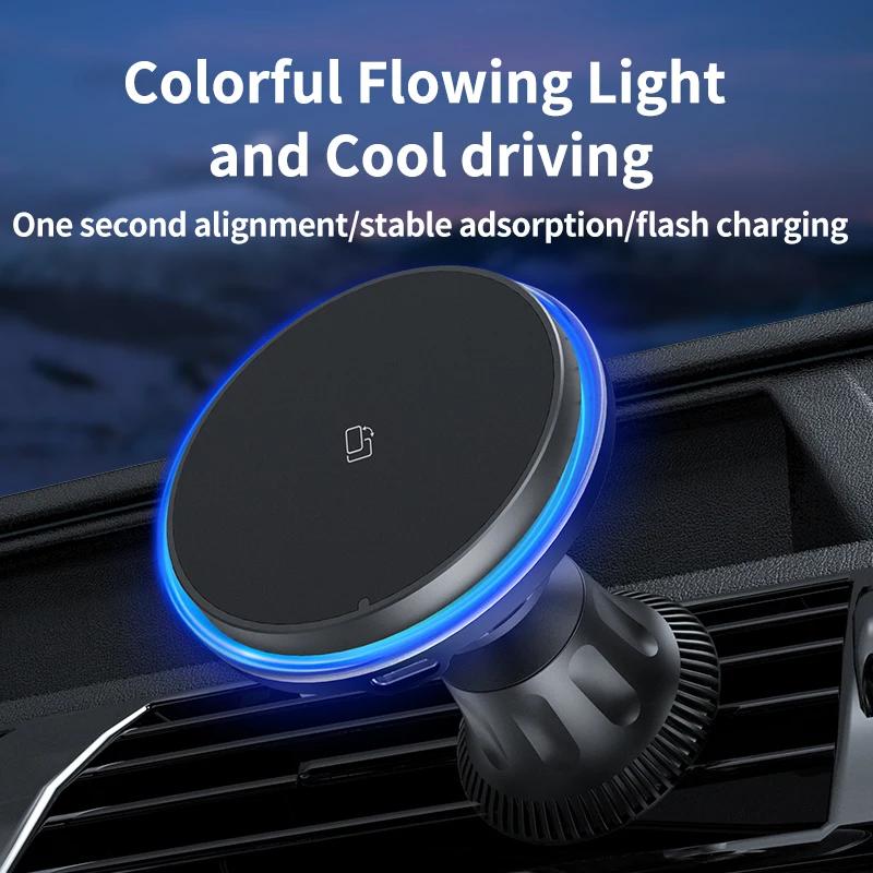 RGB Magnetic Car Wireless Charger For iPhone 12 13 14 15 Pro Max Mini Macsafe Car Phone Holder Stand Mount Fast Charging Station