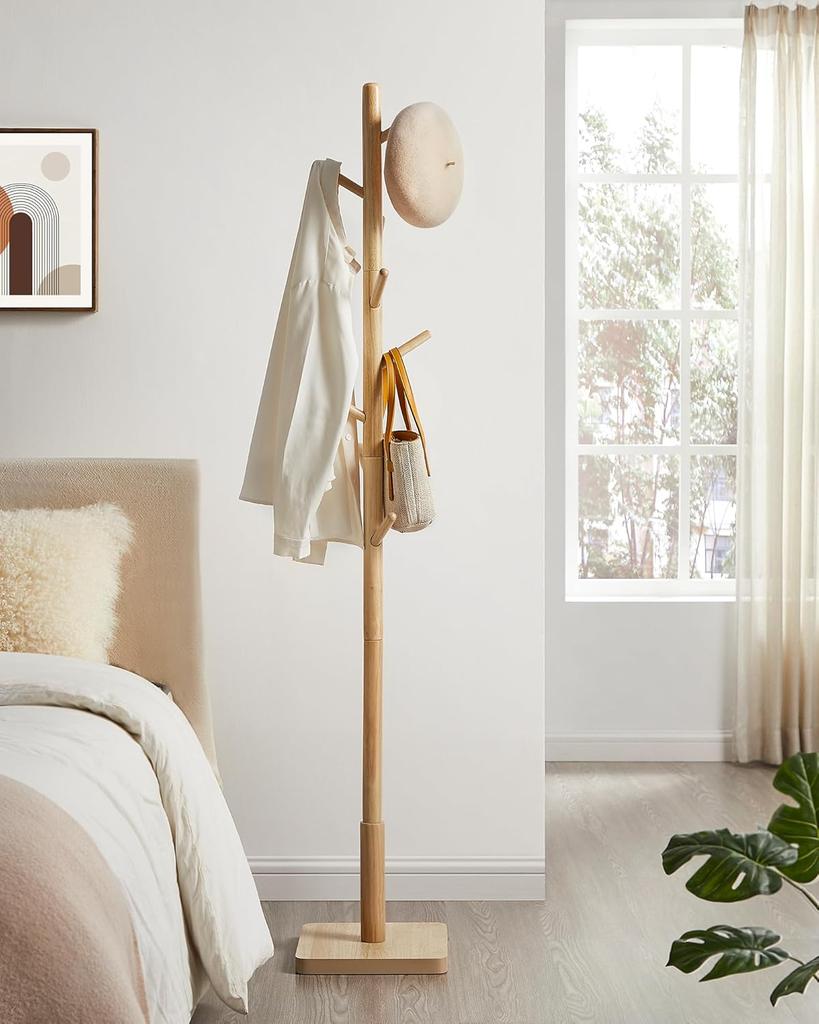 VASAGLE Coat Rack, Solid Wood Coat Stand, Free Standing Hall Coat Tree with 8 Hooks for Coats, Hats, Bags, Purses, for Entryway, Hallway