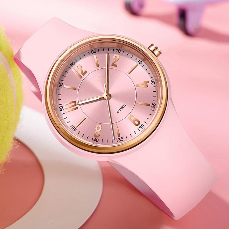 Women Quartz Watch Simple Dial Silicone Strap Waterproof Luminous Display Student Wristwatch