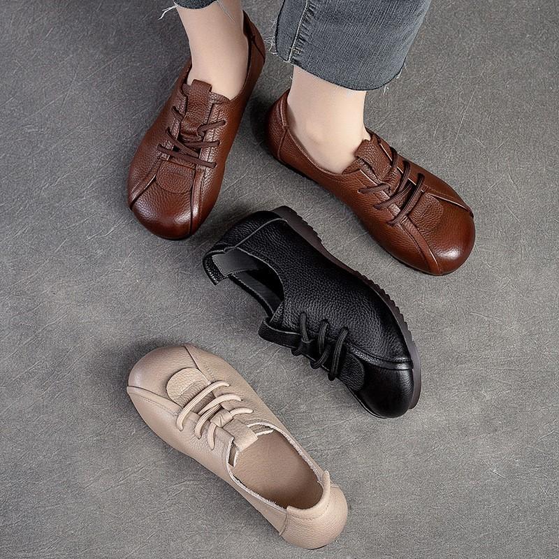 Johnature Bequeme lässige Damen-Flats-Schuhe aus echtem Leder mit weicher Sohle, runder Zehenpartie und einfarbigen Schuhen