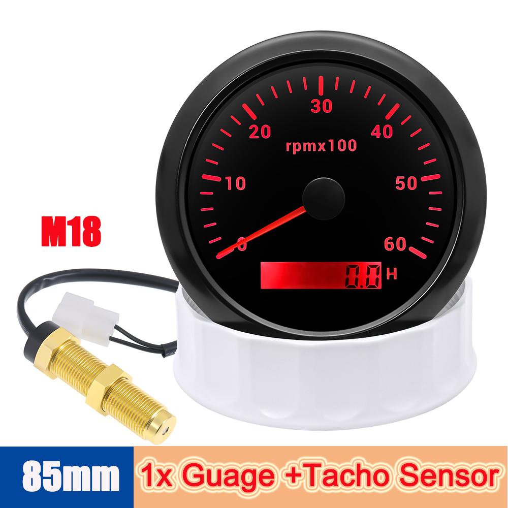 0-6000rpm Outboard Tachometer for 2/4/6/8/10/12 Cylinder 85mm Black Motorcycle Speed Gauge Hour Meter RPM Sensor Tach Optional