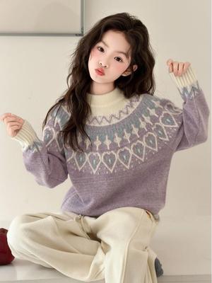 2025 Girls' Thickened Woolen Knit Sweater – Stylish Winter Base Layer for Older Children