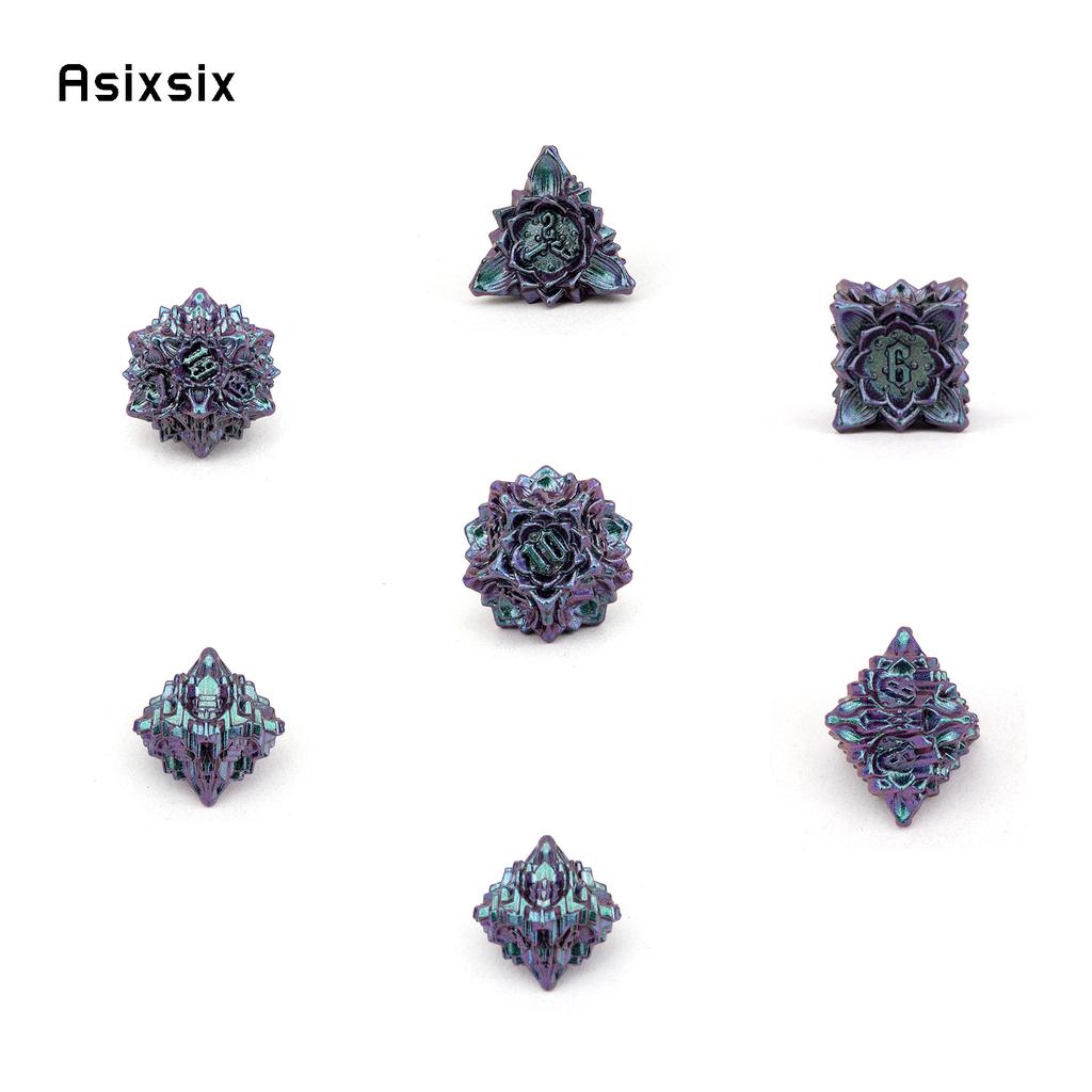 7-teiliges Würfelset aus Metall mit violetten grünen Lotusblüten, massives Polyeder-Würfelset aus Metall, geeignet für Rollenspiele, RPG-Brettspiele, Kartenspiele