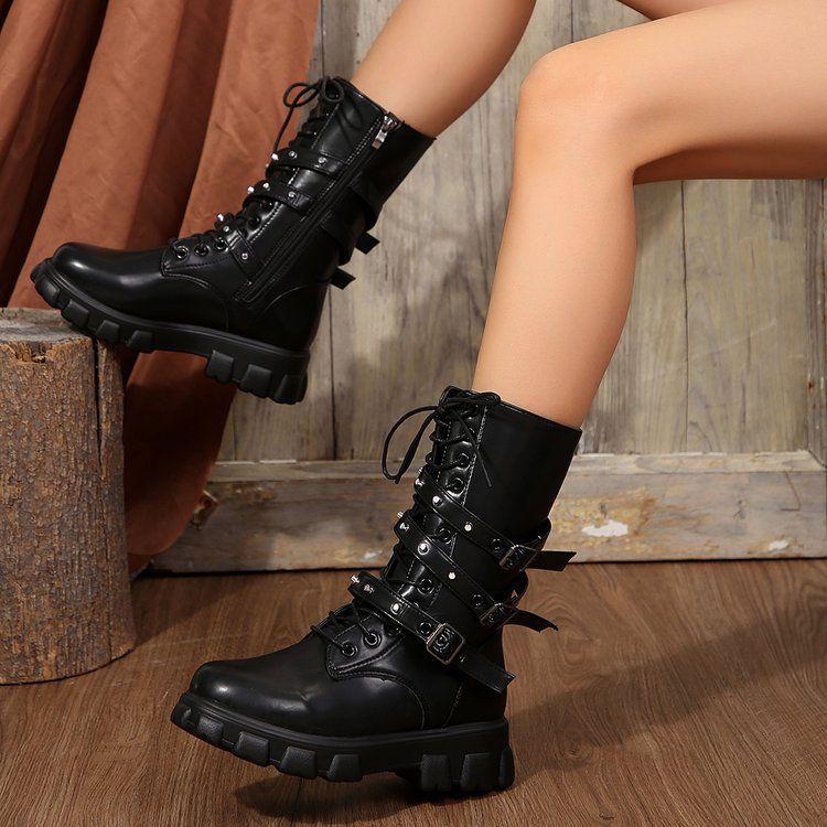 Martin Boots Women's Lace-up Zipper Thick Heel Non-slip Medium Boots Foreign Trade Large Size 35-43 Women's Shoes Boots 2025 Autumn and Winter Models