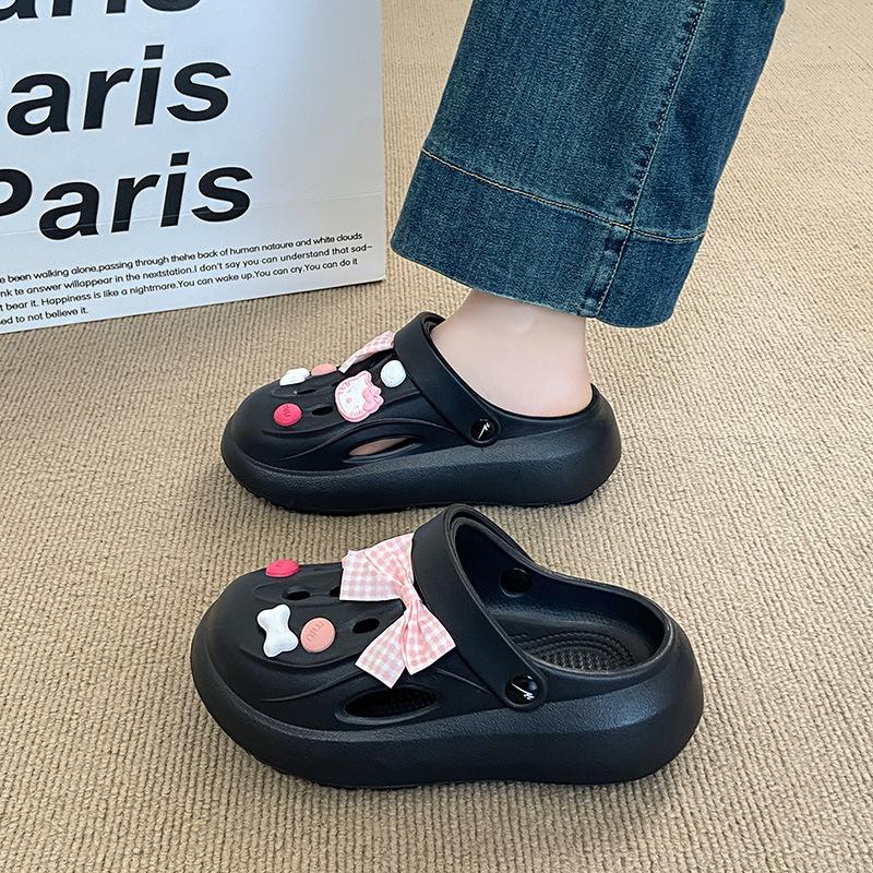 Fashion Cartoon Cute Bow Cave Shoes For Women 2025 Summer New Students Wear Sweet Cool Sandals Outside Thick Soled Womens Slippers