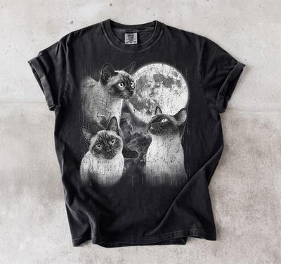 Siamese Cat Moon Graphic Tee, Distressed Vintage Cat Lover Shirt