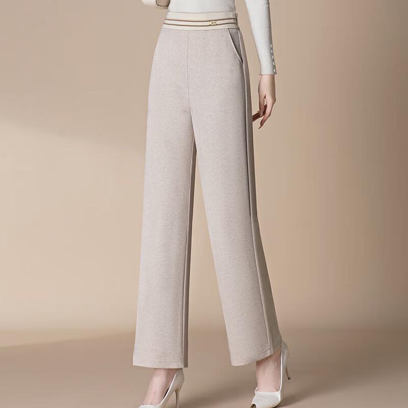 XUEXI Women's Mid-Aged High-Waist Elastic Straight-Leg Woolen-Feel Pants