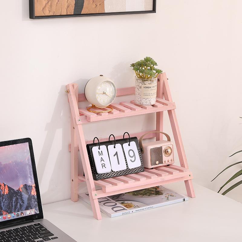 Wooden Desktop Organizer Shelf Trapezoidal Double-Layer Storage Rack Multifunctional Collapsible Desk Organizer for Home Decor
