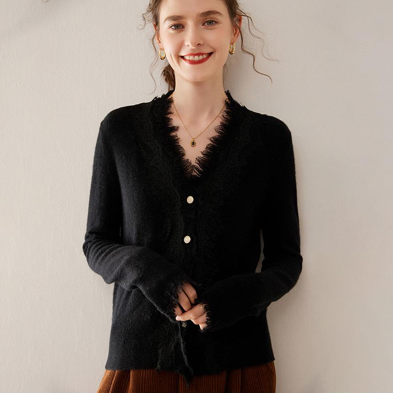 Women's V-Neck Cashmere Cardigan - Autumn/Winter Lace Button-Up Sweater Inner Wear