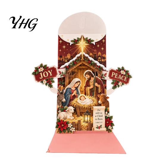 Retro Style Christmas Cards 3D Pop Up Card, Money Gift Card Holder with Handwritten Holiday Blessing Cash Slot, Hummingbird Santa Reindeer Design,