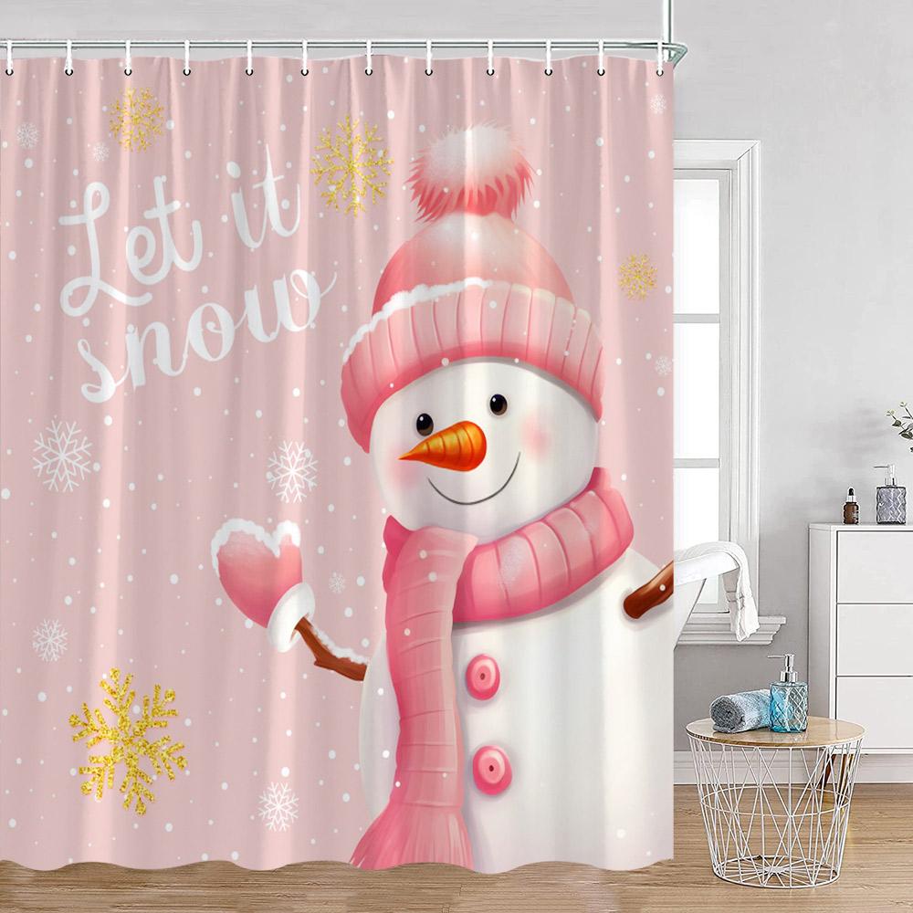 Christmas Snowman Happy New Year Shower Curtain Merry Christmas Winter Snowy Snowflake Pine Bathtub Decor Polyester Bath Curtain