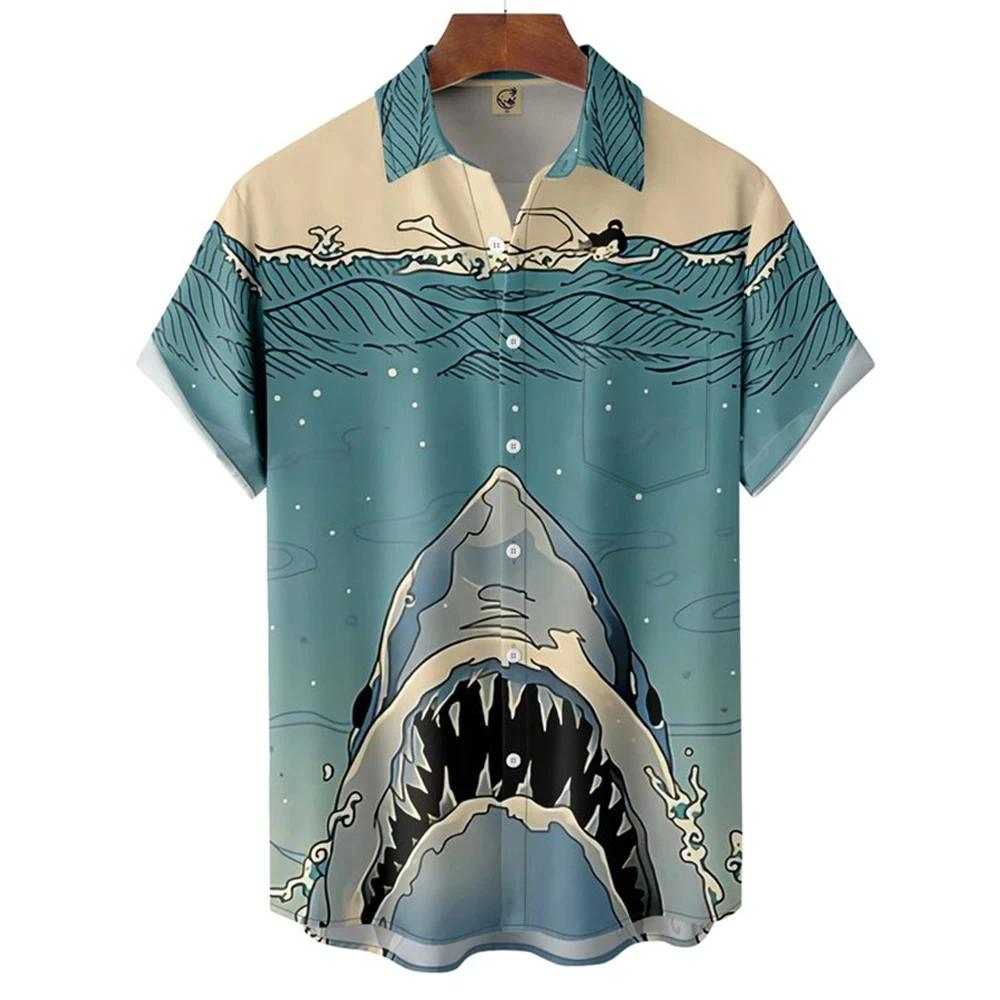 Men Hawaiian Shark Blouse Tshirt Animal Print Clothes Fashion Button Men's Shirts Short Sleeve Lapel Streetwear Shirt Top