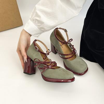 Saltos com Laço Vintage Francês Femininos Primavera Novos Versáteis Salto Bloco Mary Jane Sapatos Individuais