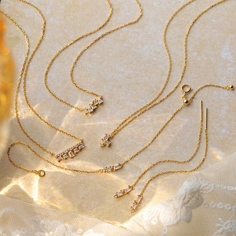 14K Gold-Plated S925 Sterling Silver Square Zirconia Pendant Necklace 925 Silver