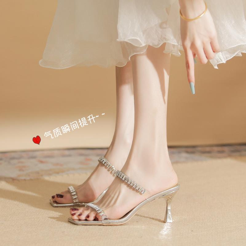 7305 [sheepskin] square head slippers for women's outer wear 2025 new transparent rhinestones with stiletto sandals