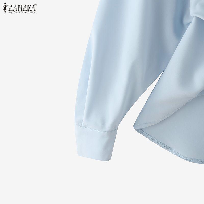 ZANZEA Women Casual Lapel Neck Long Sleeve Loose Pleating Irregular Blouse