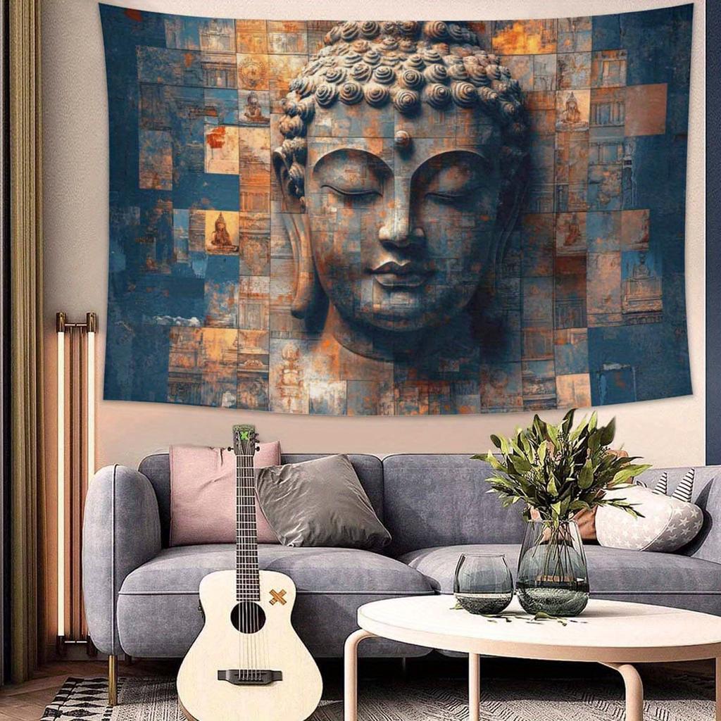 Buddha Head Mosaic Background Pattern Tapestry 2D Elegant Peach Skin Tapestries Versatile Decorative Decor Tapestries  Ideal
