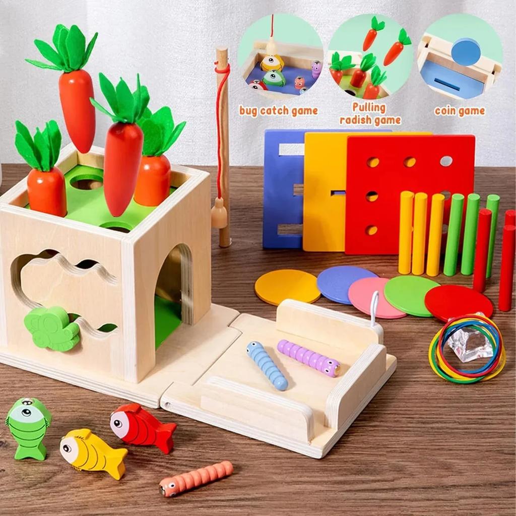 Non-Toxic Wooden Montessori Toys Play Kit Sorting Matching Toy Coin Ball Box Multi-Function Stick Pull Radish Game Baby Learning Kids Toy