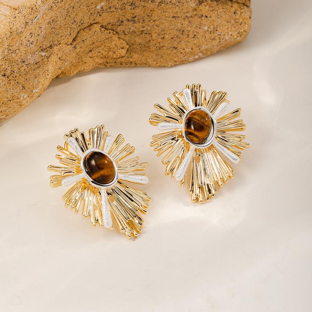 Exaggerated Personality Irregular Flower Tiger's Eye Stone Earrings Niche Design Sense Light Luxury Retro Style Earrings