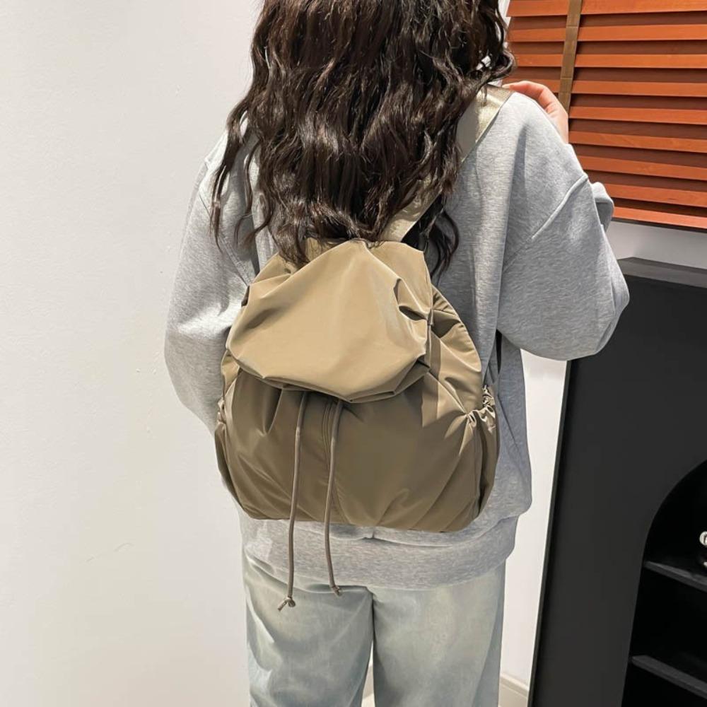 Pleated Nylon Backpack Solid Color Sports Shoulders Bag Casual Drawstring Backpack  College