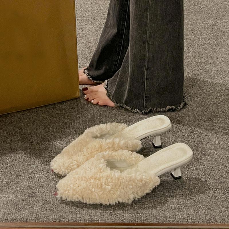 

Модные Роскошные Мюли на Каблуке-Рюмочке с Мехом Женские Розовые Сексуальные Тапочки Женские Остроносые Шпильки Плюшевые Сандалии Зимняя Вечерняя Обувь 35