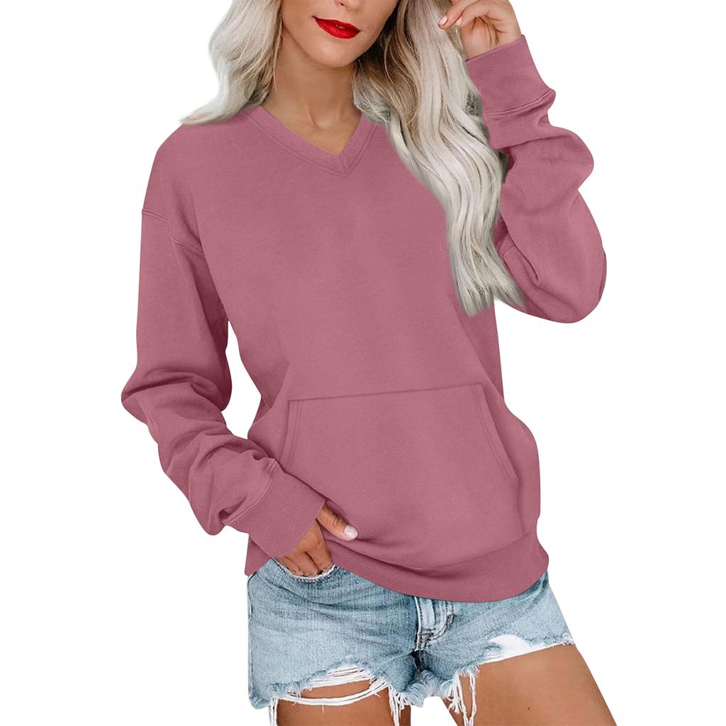 Women's Casual Fashion Solid Color V-Neck Long Sleeve Sweatshirt Lightweight Pullover With Pockets Warm Sweatshirt