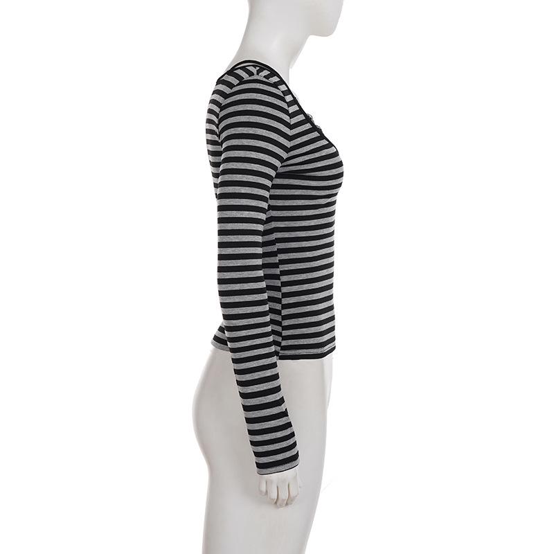 European & American Style V-Neck Lace-Trim Striped Long-Sleeve Slim-Fit Two-Piece Look Top for Women
