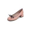 2025 Spring and Autumn New Color Matching Bow Single Shoes Women's Thick Heel Ladyshoes Fairy Gentle Light Mouth French Middle Heel