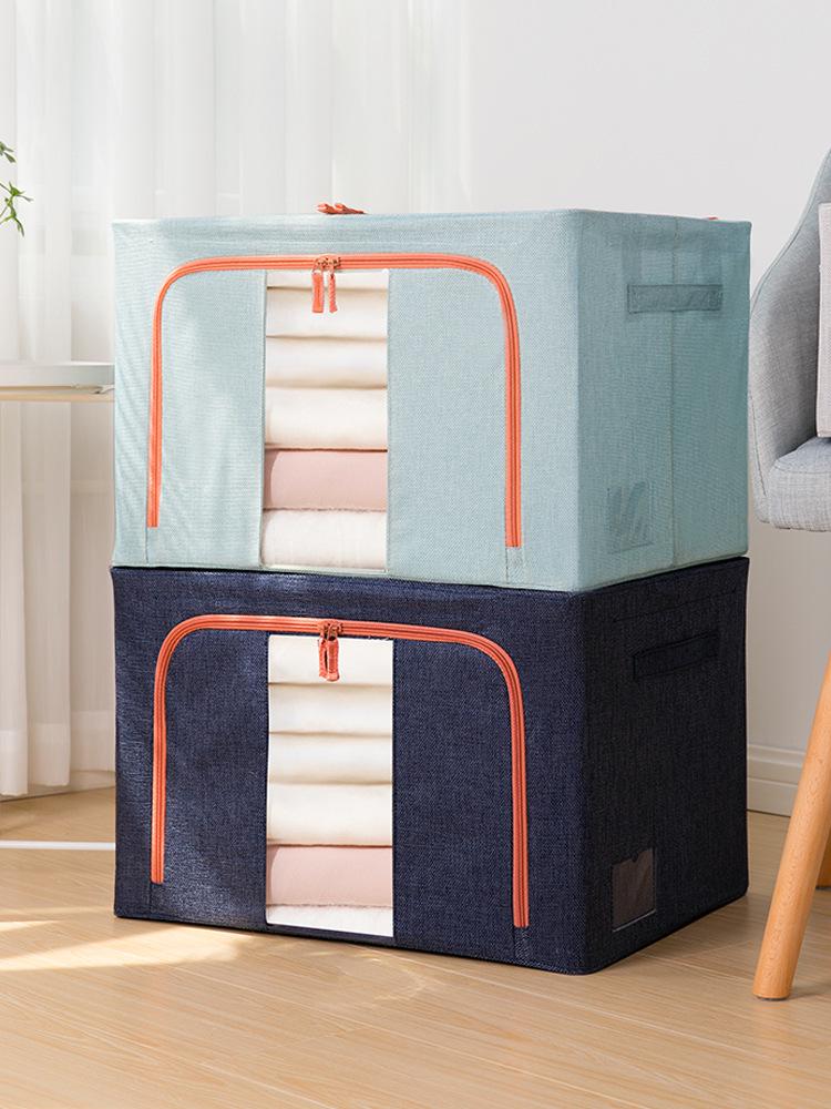 Cotton Linen Foldable Quilt and Clothes Storage Box with Steel Frame - Large Capacity Wardrobe Organizer