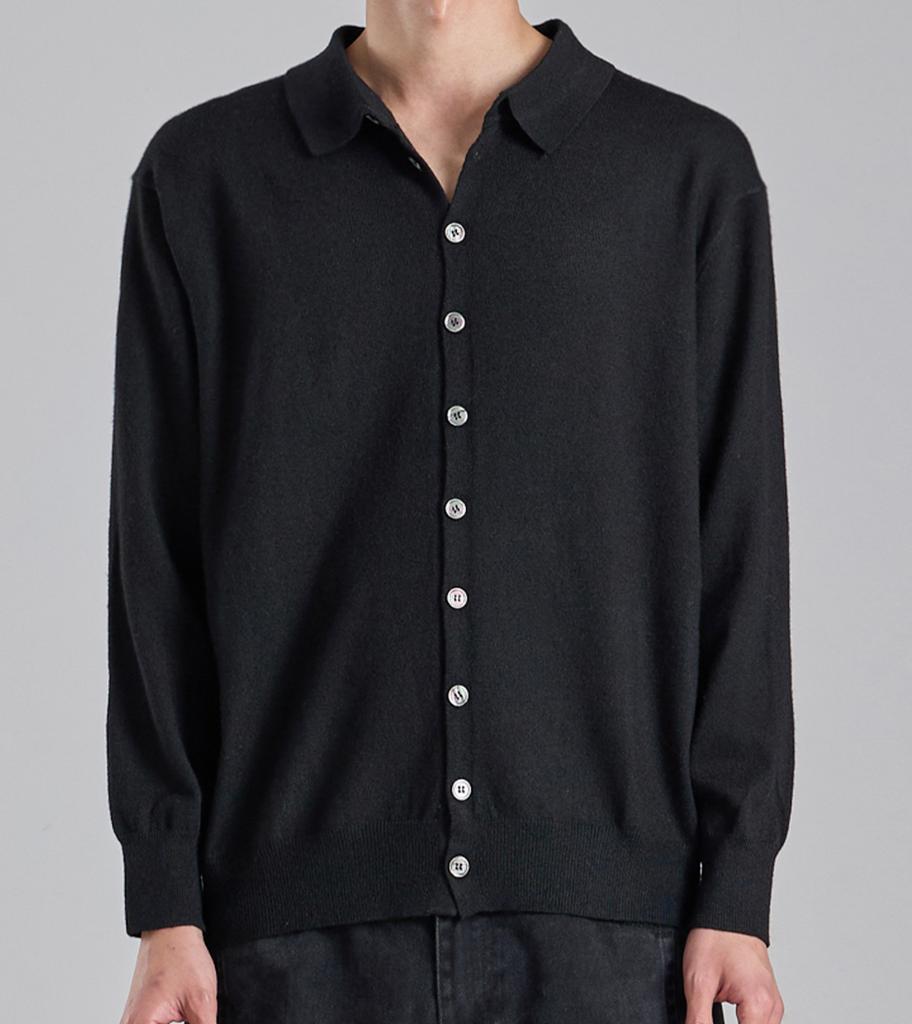 Button Seoul Wool Blend Collared Knit Cardigan (Black)