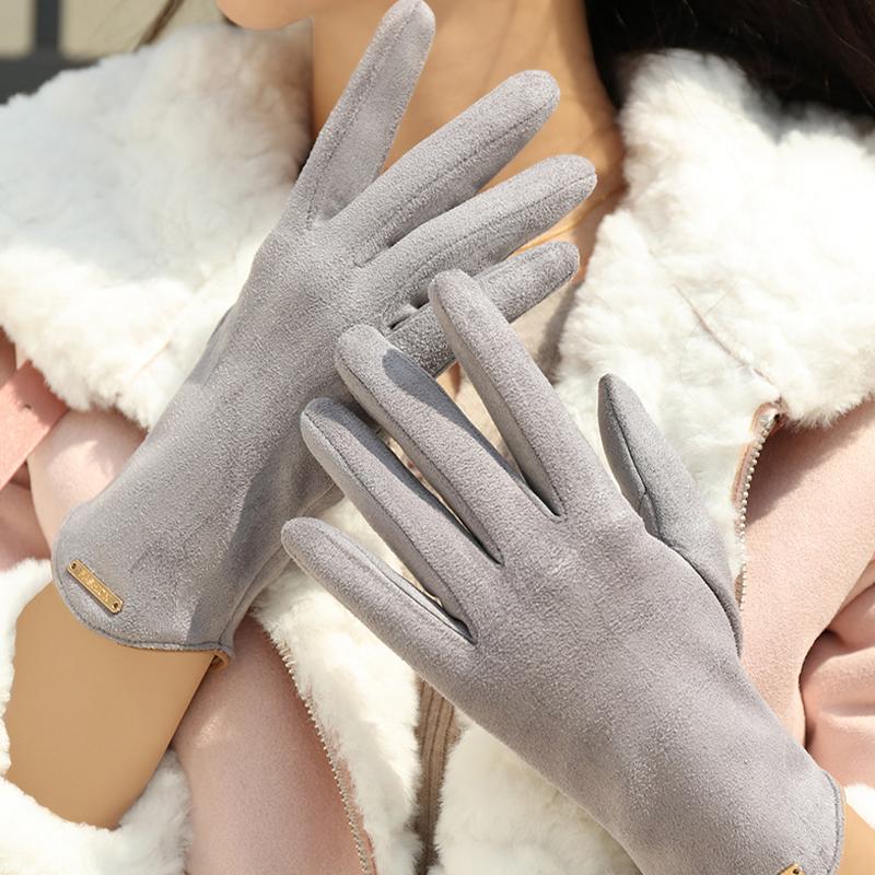 Zlaté kovové štítky Semišové rukavice Jednobarevné Jacquard Elastické rukavice Dámské Zimní Teplé rukavice odolné proti chladu