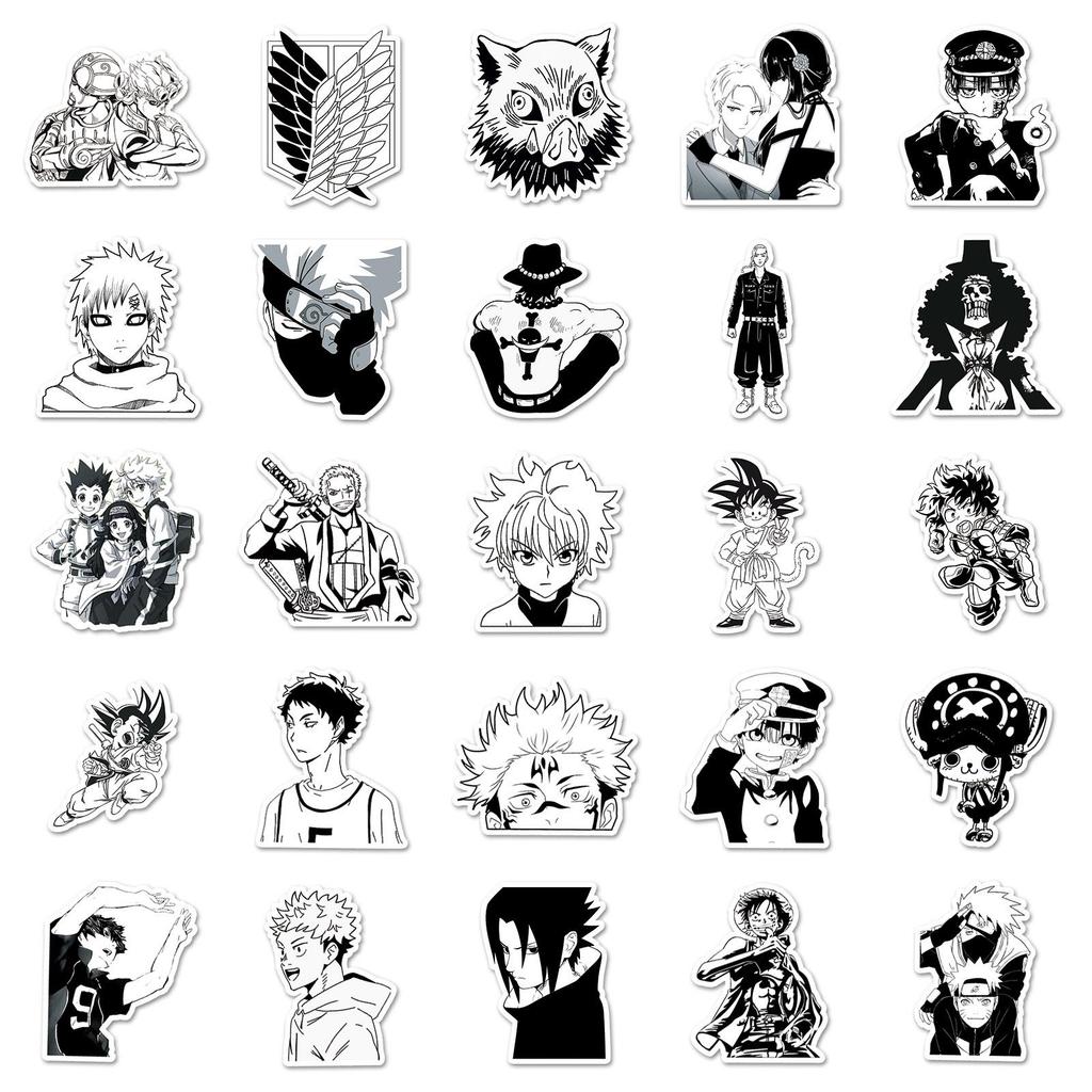 Black & White Japanese Manga Stickers - 50 Sheets for Notebooks, Phones, Waterproof Children's Creative Decoration