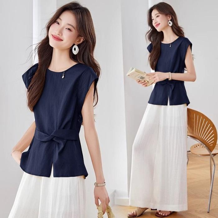 Plus Size Sleeveless Linen Wide-Leg Pants Set for Spring & Summer Casual Fashion M