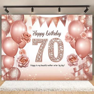 רקע אלגנטי למסיבת יום הולדת 70 - בלונים ורודים ולבנים, עיצוב ורד מנצנץ,
