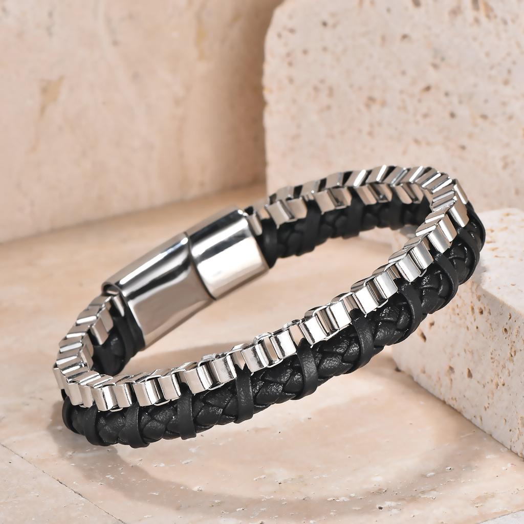 Black Leather Rope Cowhide Men's Double Chain Braided Bracelet Handmade Multilayer Leather Bracelet 2026
