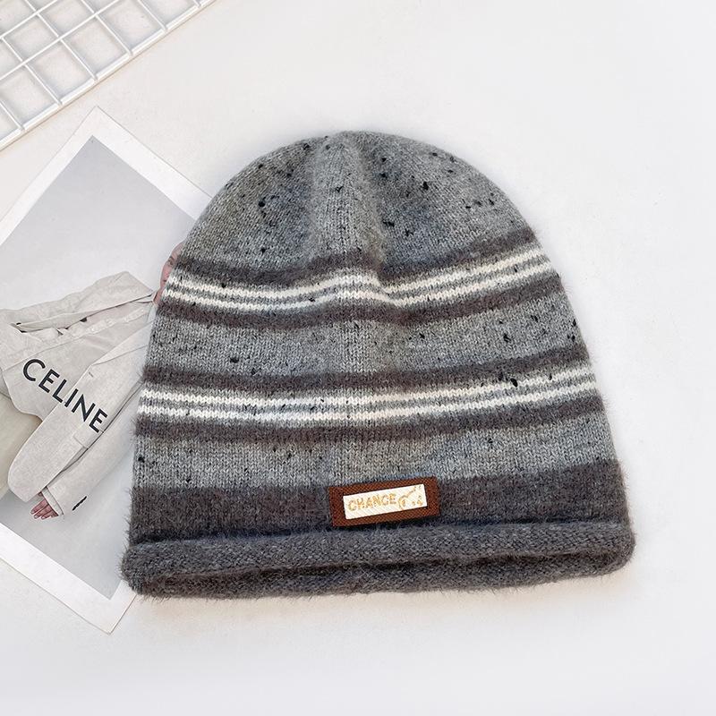 Autumn and Winter Knitted Hats Korean Style Striped Pile Hats Women's New Warm Toe Caps Fashionable and Versatile Ear Protection Woolen Hats