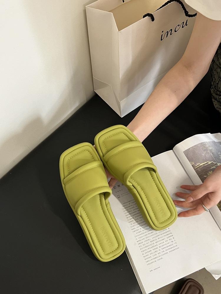 Summer Simple One-Word Slippers Square Head Low Heel Thick Bottom Cool Slippers Women